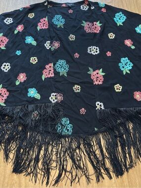 Torrid Black Kimono Style Fringe Wrap Multicolor Floral Embroidery